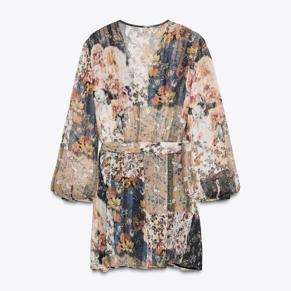Zara Small Brown Tan Floral Printed Belted Long Sleeve Mini Dress Worn Once EUC - Picture 2 of 5